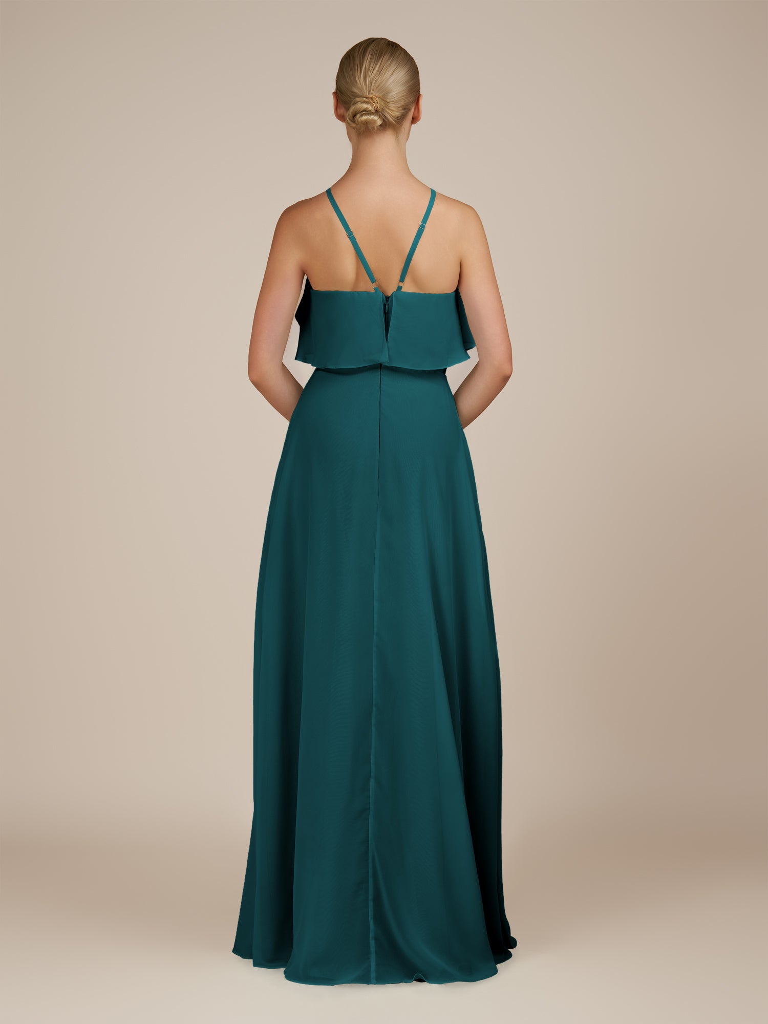 KissDress-Wynne Pine A Line Chiffon Halter Neck Ruffled Overlay Long Bridesmaid Dress