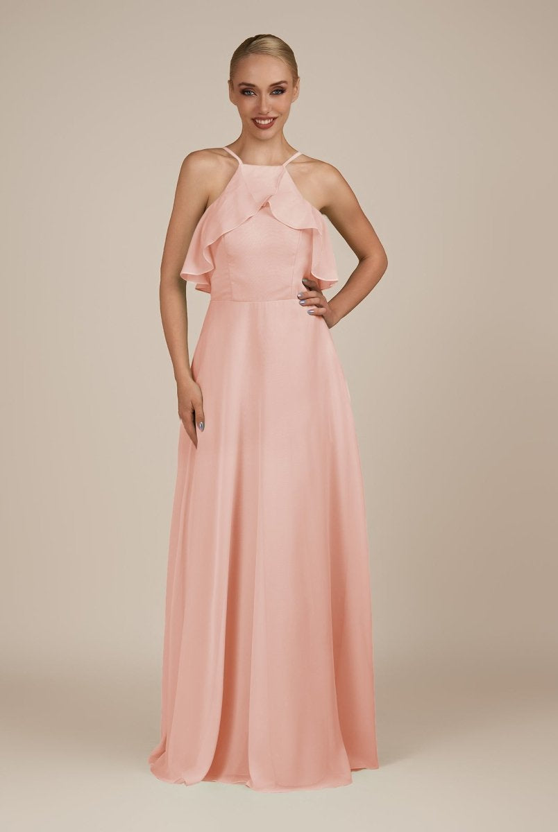 KissDress-Wynne Rose Petal A Line Chiffon Halter Neck Ruffled Overlay Long Bridesmaid Dress