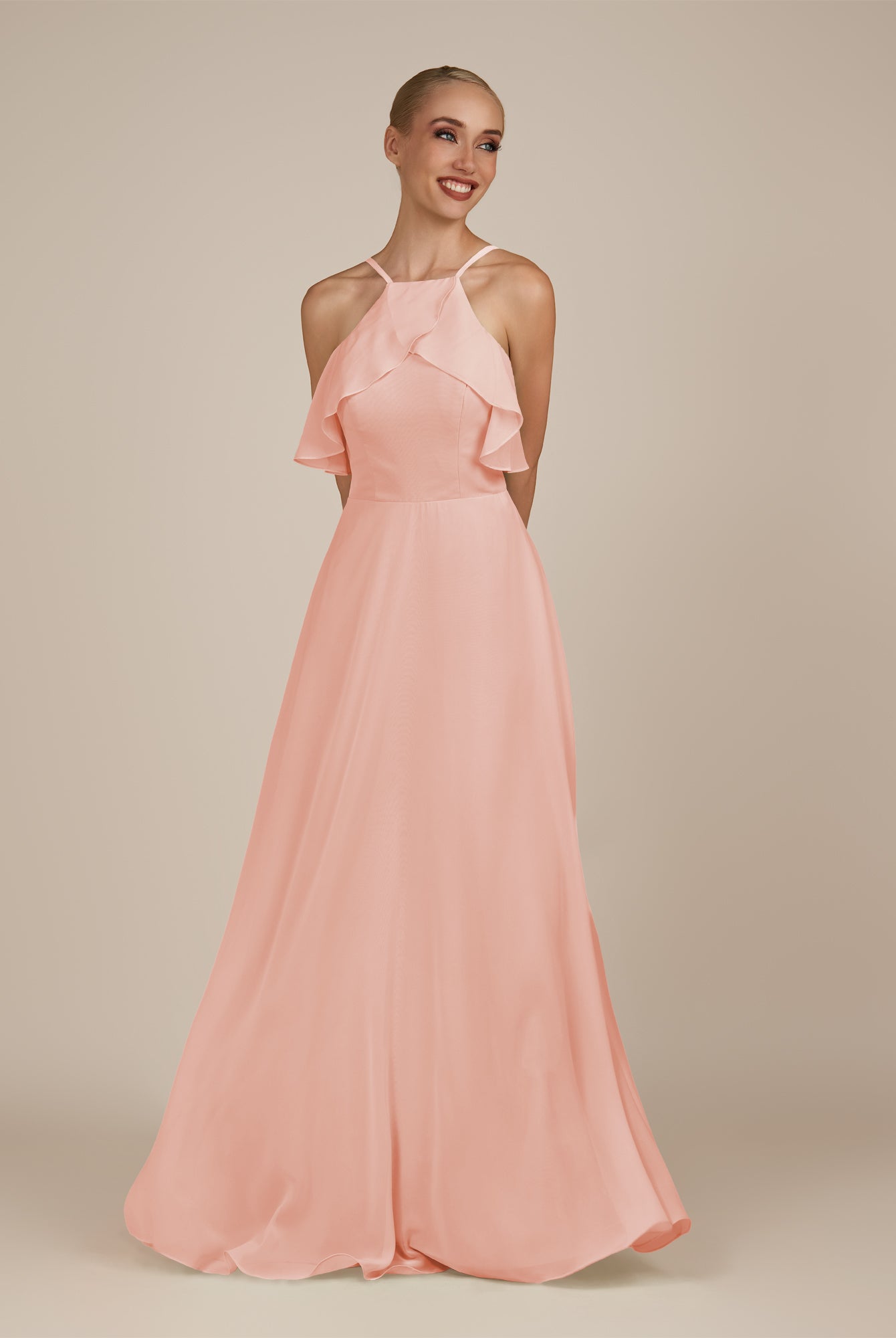 KissDress-Wynne Rose Petal A Line Chiffon Halter Neck Ruffled Overlay Long Bridesmaid Dress