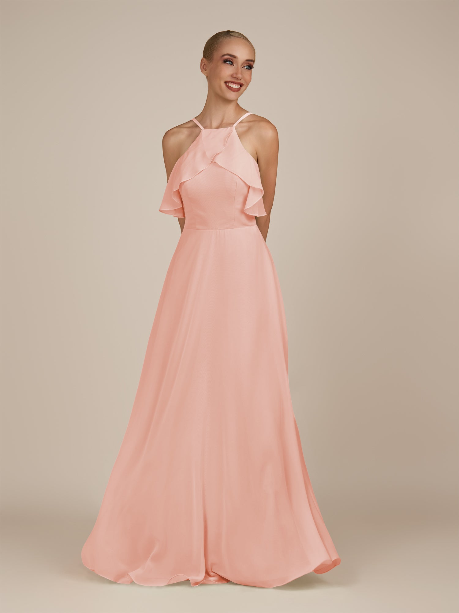 KissDress-Wynne Rose Petal A Line Chiffon Halter Neck Ruffled Overlay Long Bridesmaid Dress
