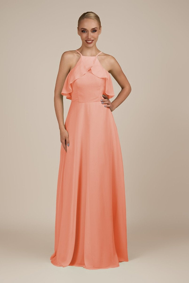 KissDress-Wynne Rosette A Line Chiffon Halter Neck Ruffled Overlay Long Bridesmaid Dress