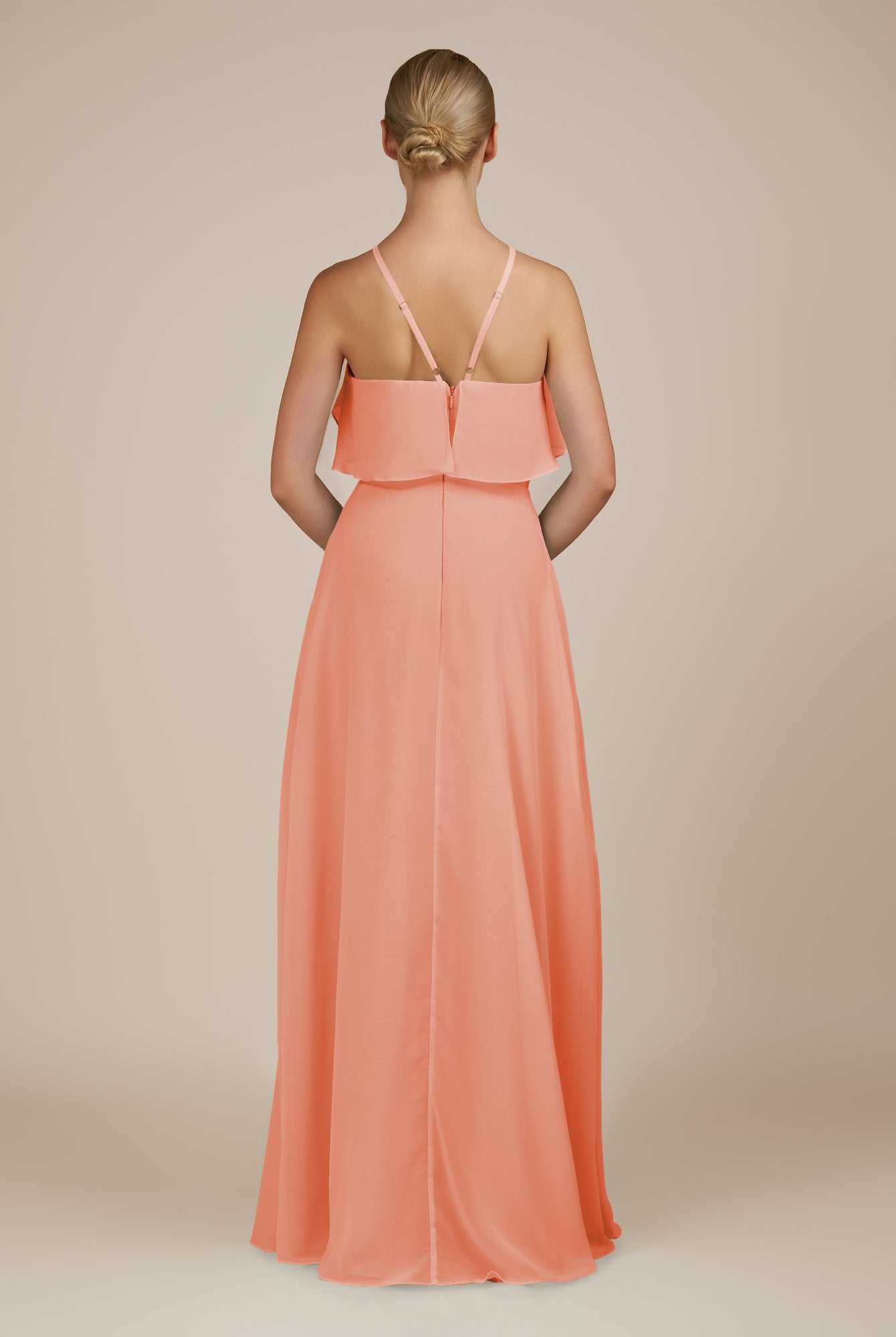 KissDress-Wynne Rosette A Line Chiffon Halter Neck Ruffled Overlay Long Bridesmaid Dress