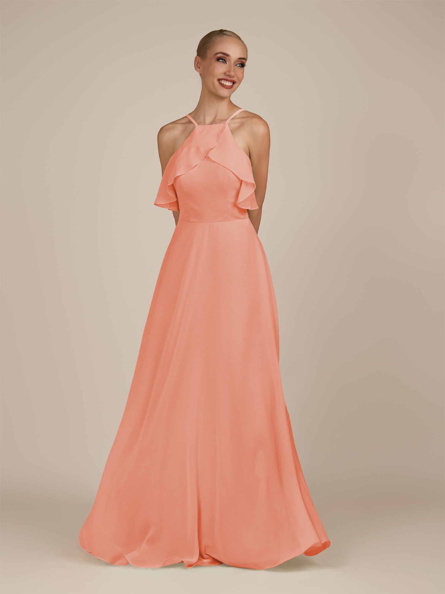 KissDress-Wynne Rosette A Line Chiffon Halter Neck Ruffled Overlay Long Bridesmaid Dress