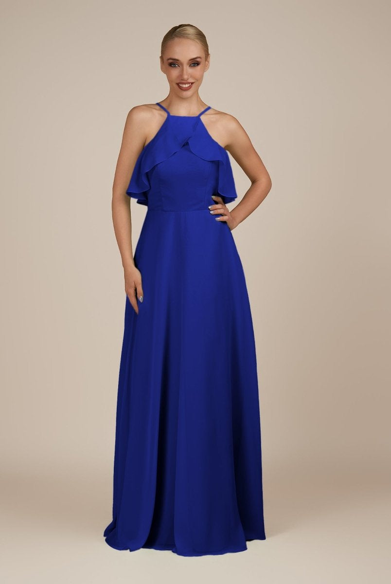 KissDress-Wynne Royal Blue A Line Chiffon Halter Neck Ruffled Overlay Long Bridesmaid Dress