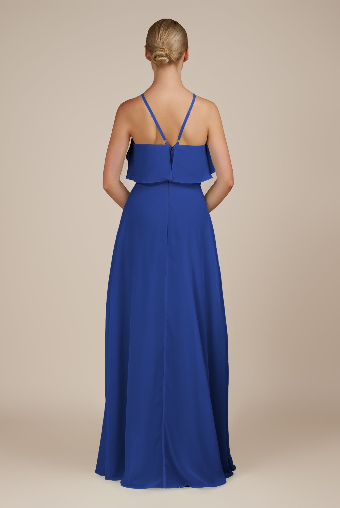 KissDress-Wynne Royal Blue A Line Chiffon Halter Neck Ruffled Overlay Long Bridesmaid Dress