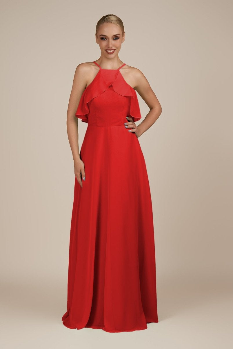 KissDress-Wynne Ruby Red A Line Chiffon Halter Neck Ruffled Overlay Long Bridesmaid Dress