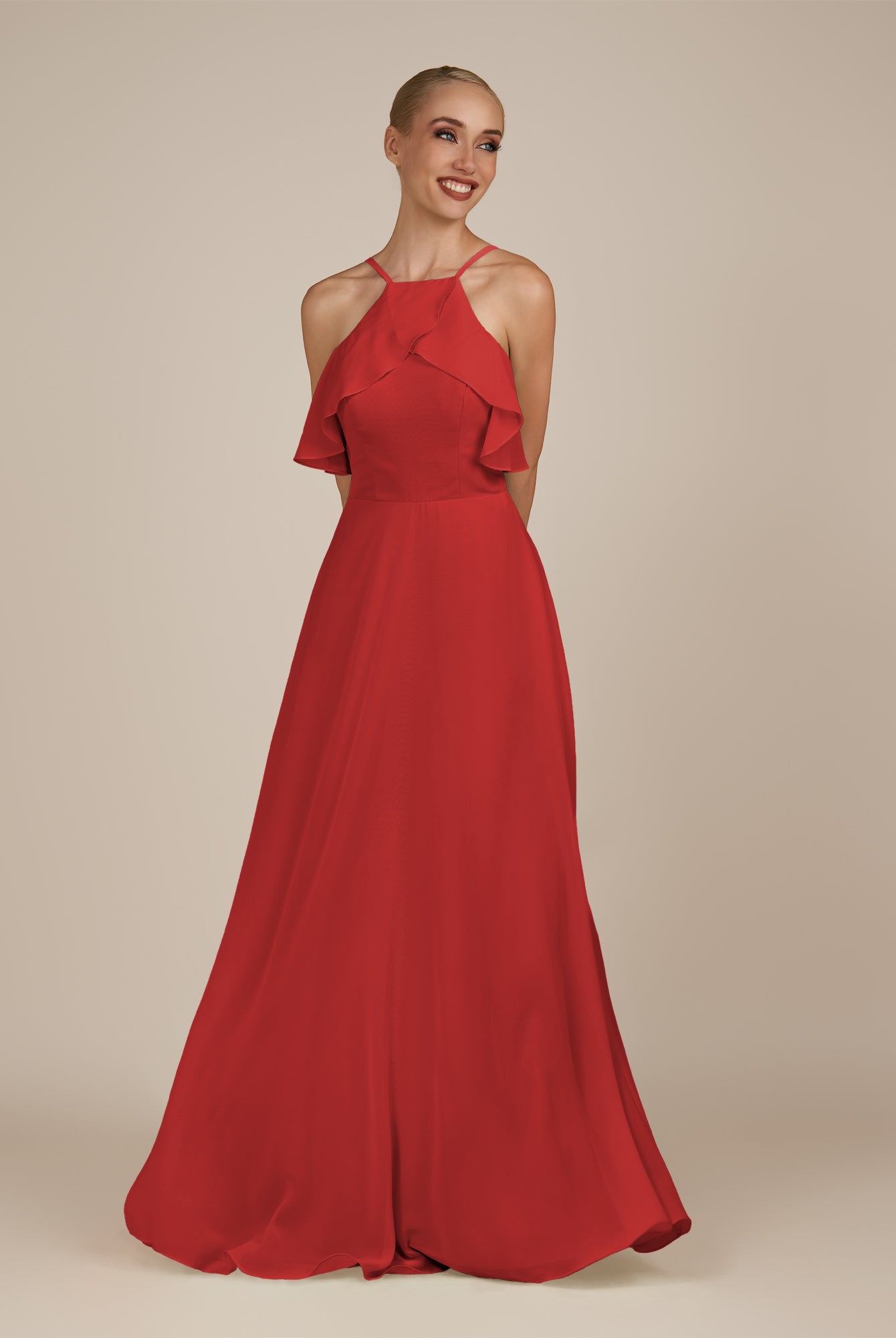 KissDress-Wynne Ruby Red A Line Chiffon Halter Neck Ruffled Overlay Long Bridesmaid Dress