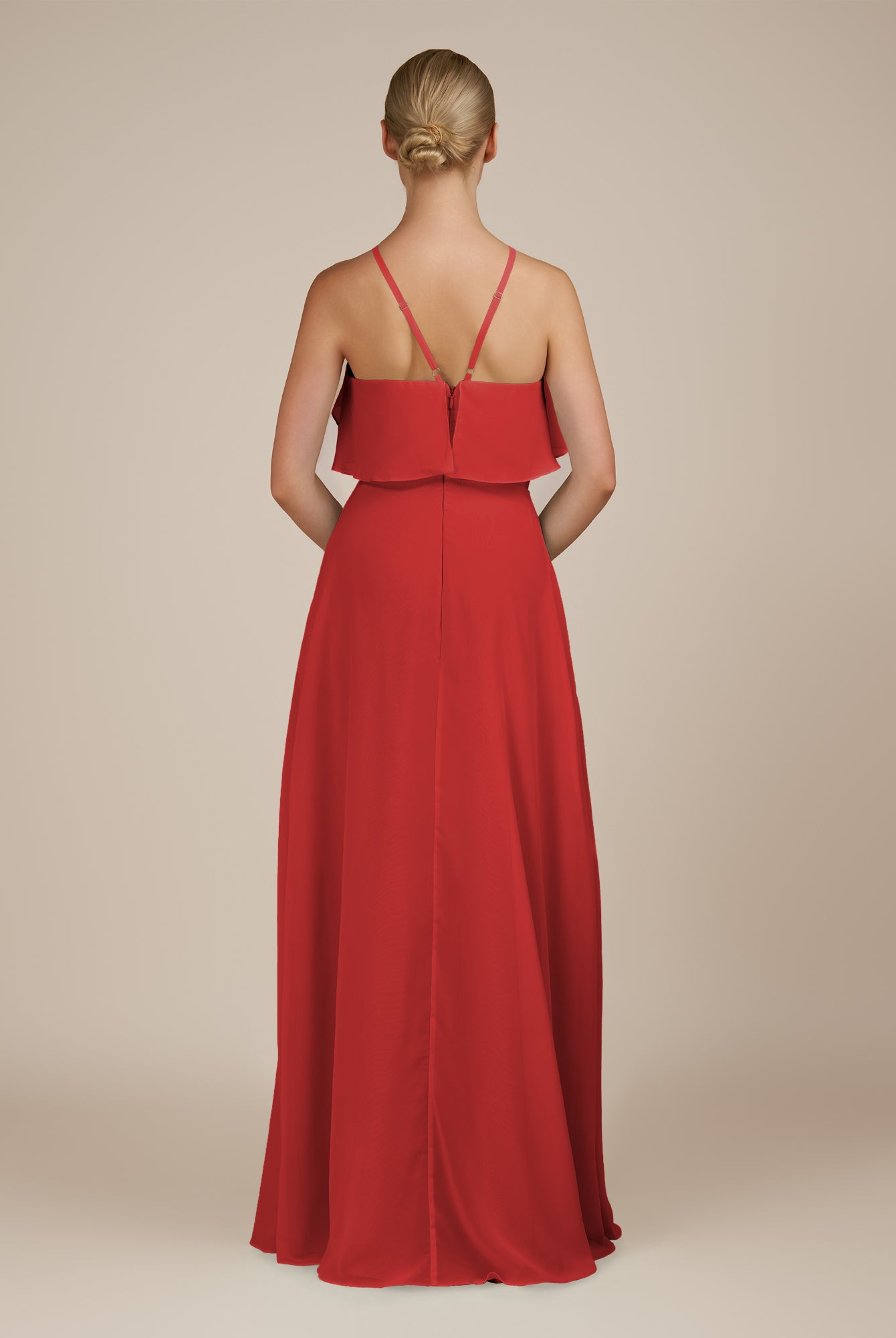 KissDress-Wynne Ruby Red A Line Chiffon Halter Neck Ruffled Overlay Long Bridesmaid Dress