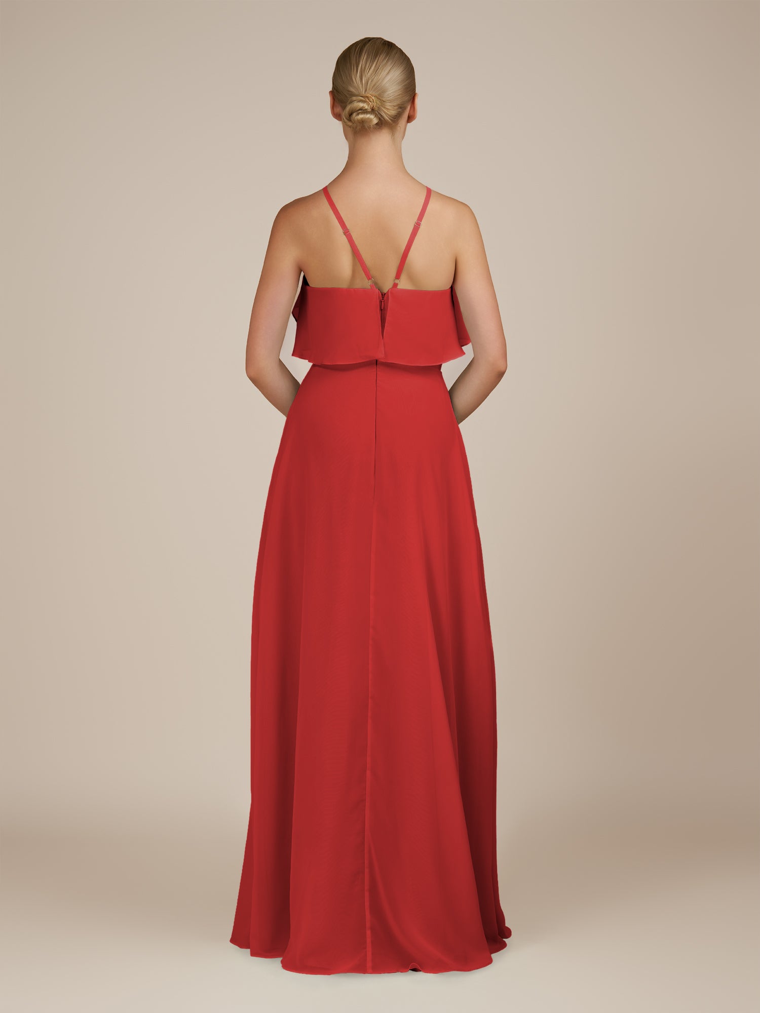 KissDress-Wynne Ruby Red A Line Chiffon Halter Neck Ruffled Overlay Long Bridesmaid Dress