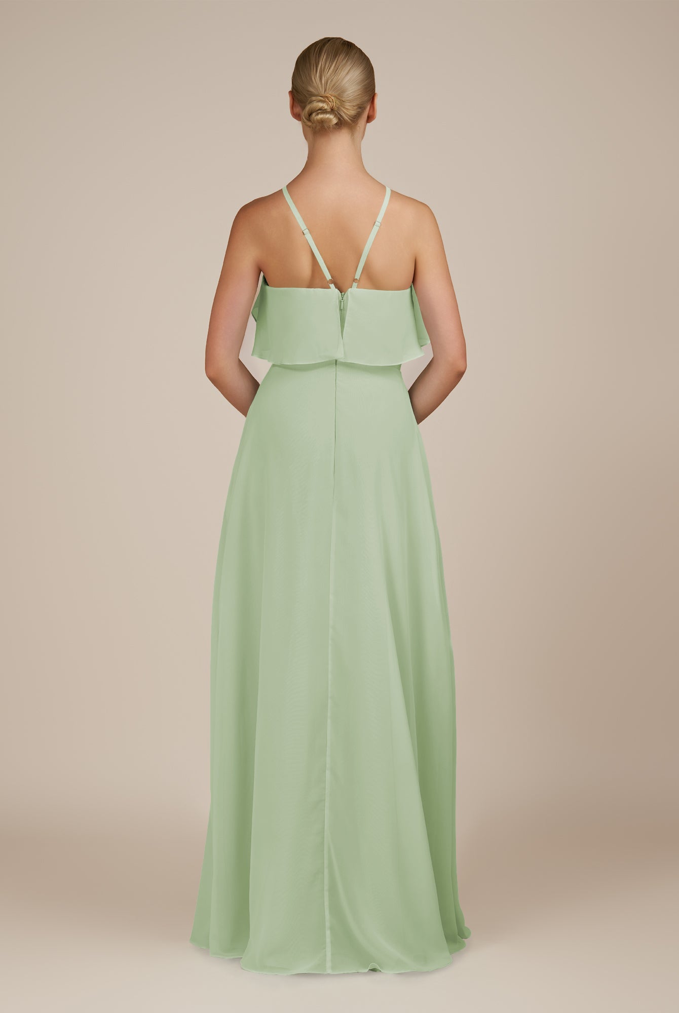 KissDress-Wynne Sage A Line Chiffon Halter Neck Ruffled Overlay Long Bridesmaid Dress
