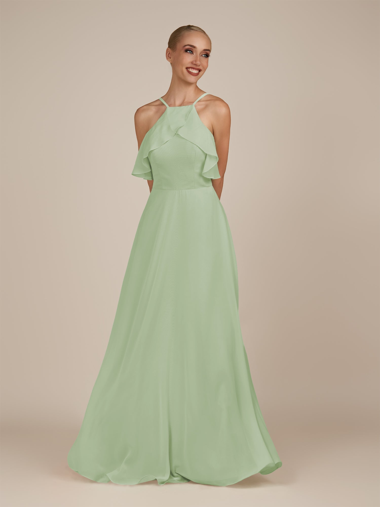 KissDress-Wynne Sage A Line Chiffon Halter Neck Ruffled Overlay Long Bridesmaid Dress