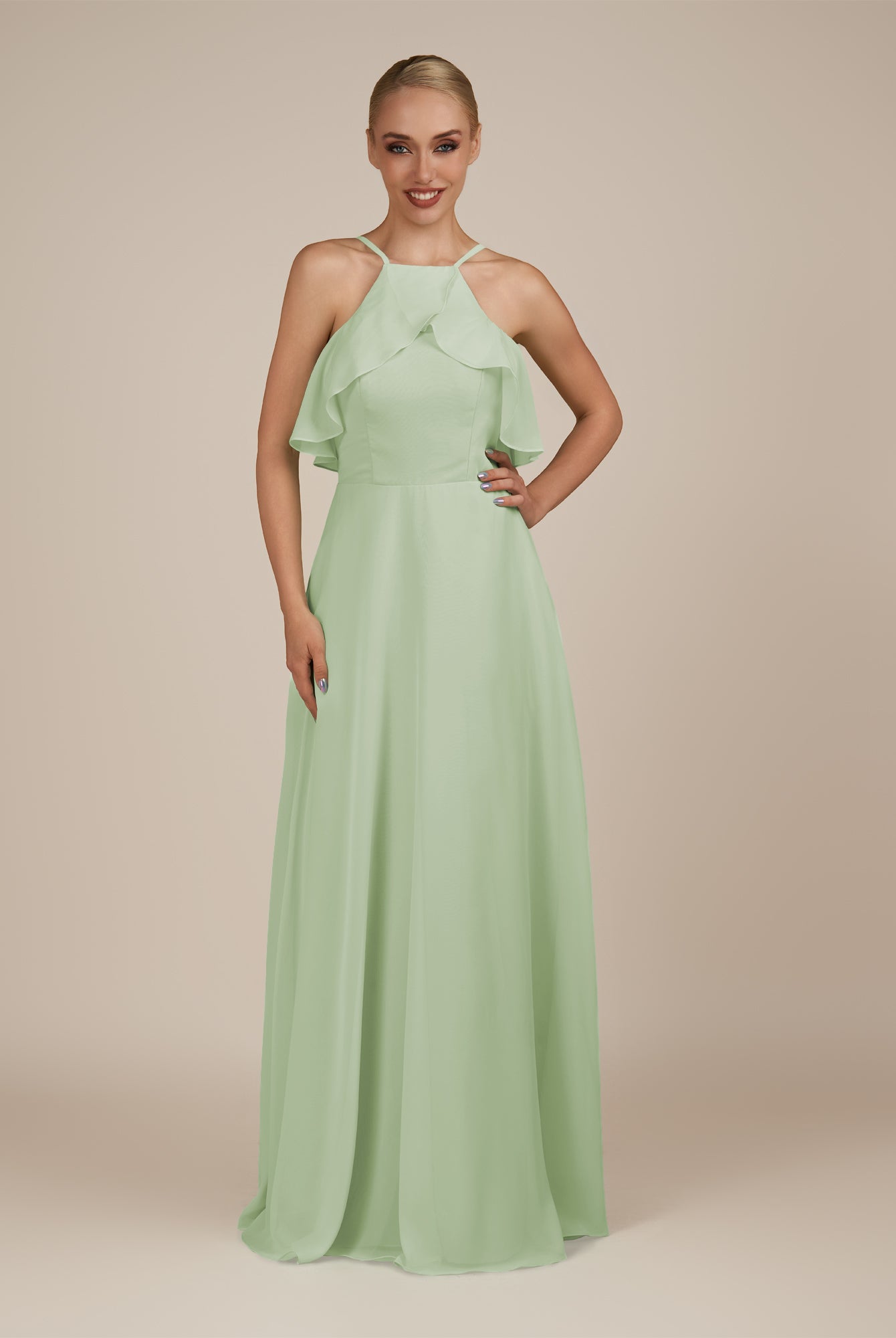 KissDress-Wynne Sage A Line Chiffon Halter Neck Ruffled Overlay Long Bridesmaid Dress