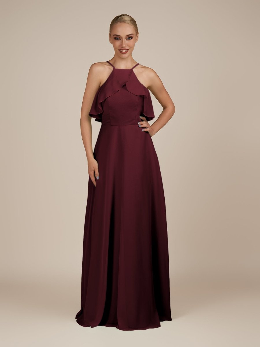 KissDress-Wynne Sangria A Line Chiffon Halter Neck Ruffled Overlay Long Bridesmaid Dress