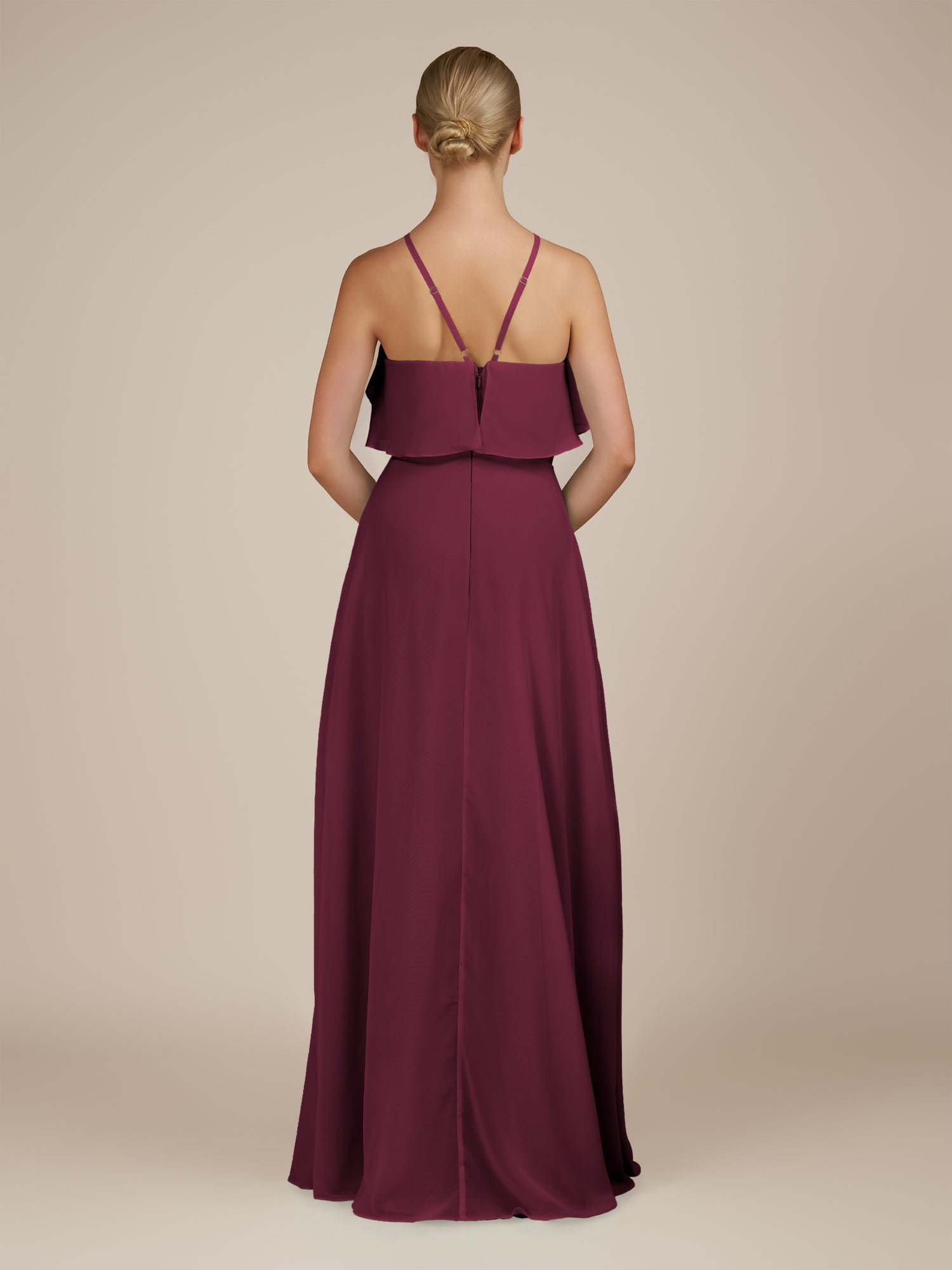 KissDress-Wynne Sangria A Line Chiffon Halter Neck Ruffled Overlay Long Bridesmaid Dress