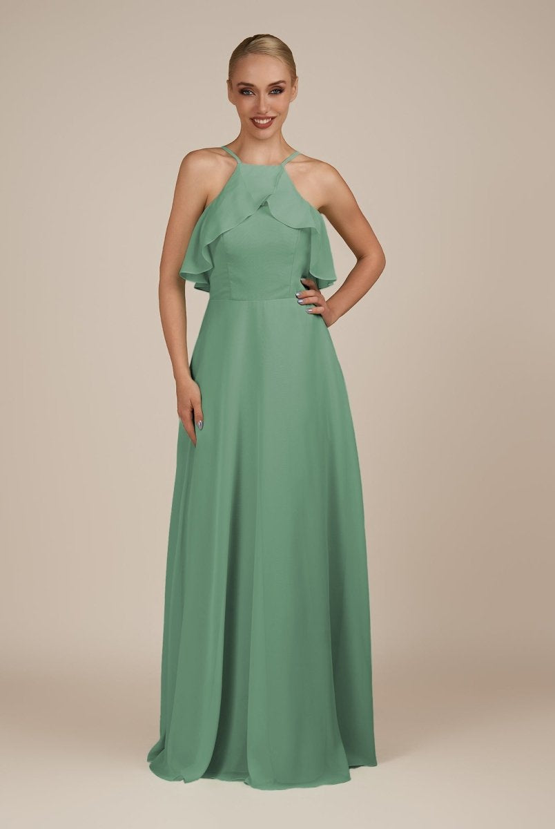 KissDress-Wynne Sea Glass A Line Chiffon Halter Neck Ruffled Overlay Long Bridesmaid Dress