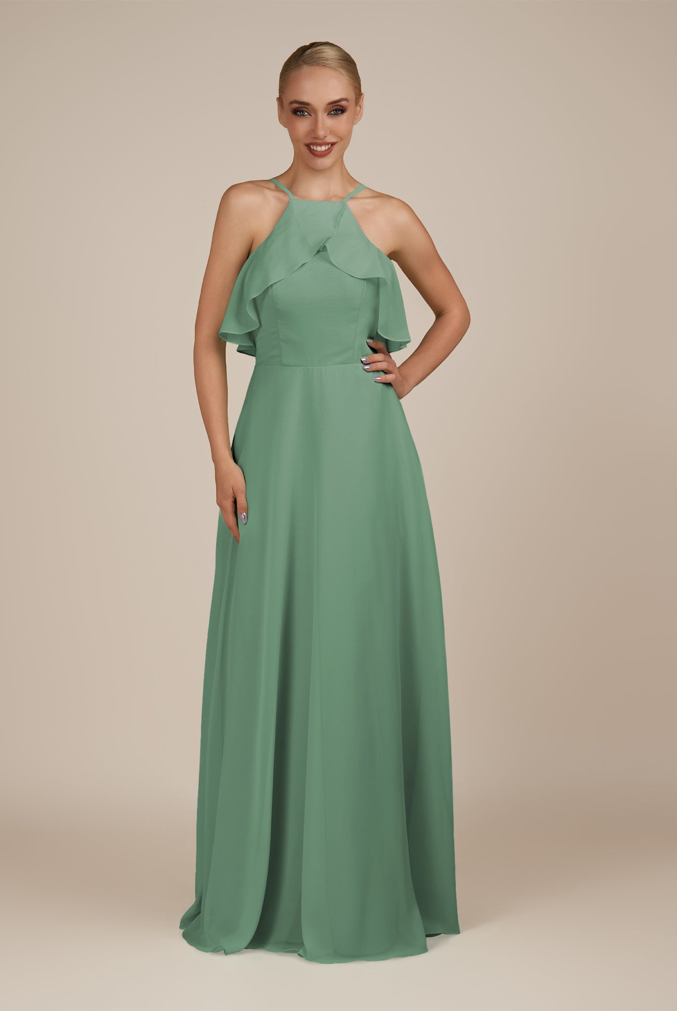 KissDress-Wynne Sea Glass A Line Chiffon Halter Neck Ruffled Overlay Long Bridesmaid Dress