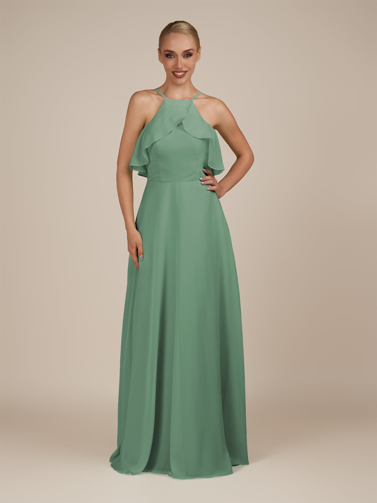 KissDress-Wynne Sea Glass A Line Chiffon Halter Neck Ruffled Overlay Long Bridesmaid Dress