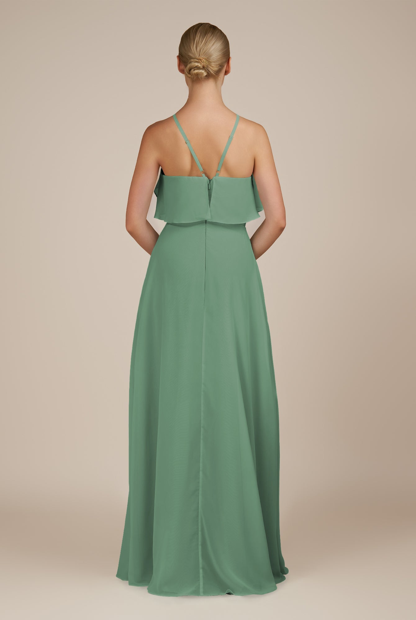 KissDress-Wynne Sea Glass A Line Chiffon Halter Neck Ruffled Overlay Long Bridesmaid Dress