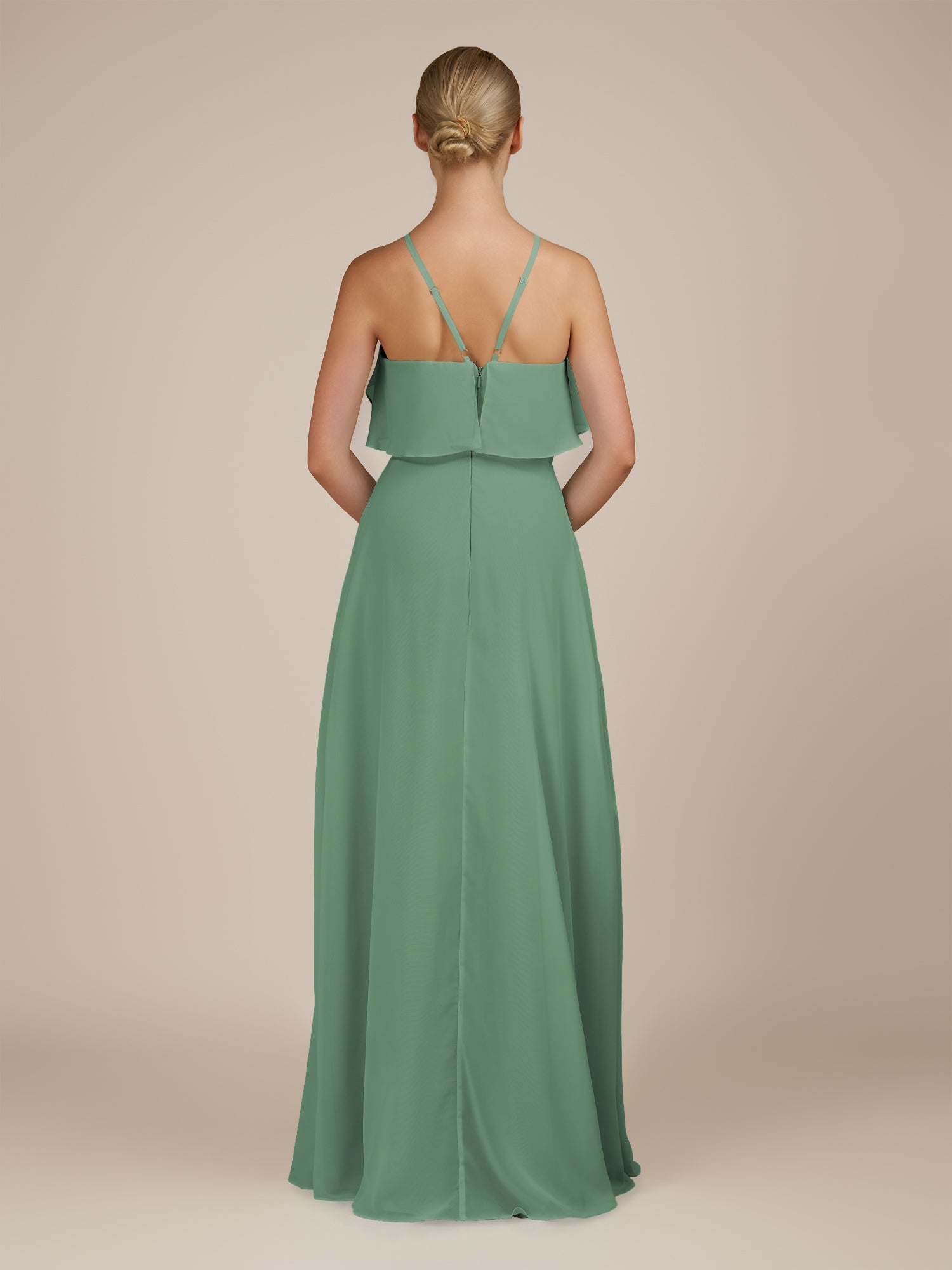 KissDress-Wynne Sea Glass A Line Chiffon Halter Neck Ruffled Overlay Long Bridesmaid Dress