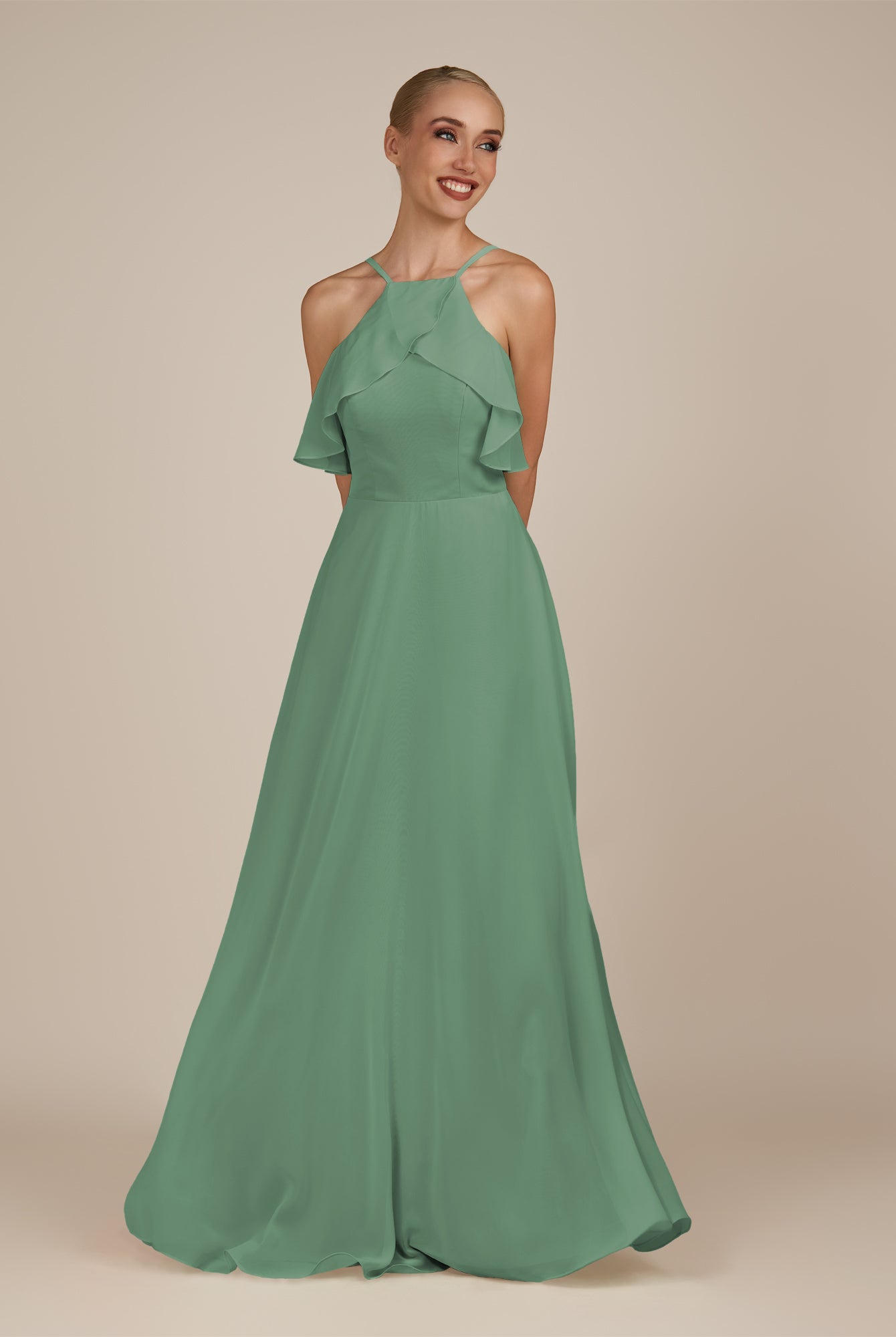 KissDress-Wynne Sea Glass A Line Chiffon Halter Neck Ruffled Overlay Long Bridesmaid Dress