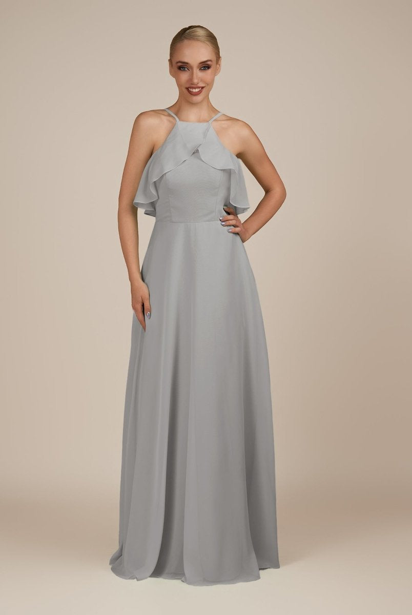 KissDress-Wynne Silver A Line Chiffon Halter Neck Ruffled Overlay Long Bridesmaid Dress