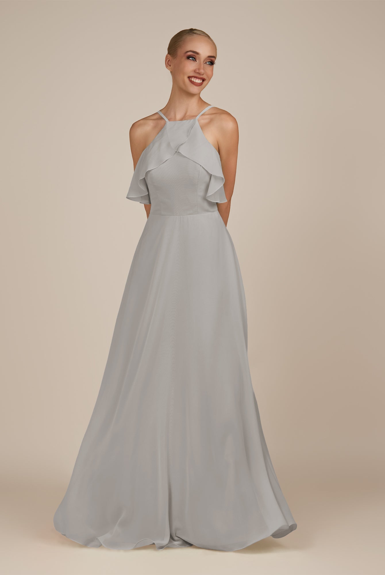 KissDress-Wynne Silver A Line Chiffon Halter Neck Ruffled Overlay Long Bridesmaid Dress