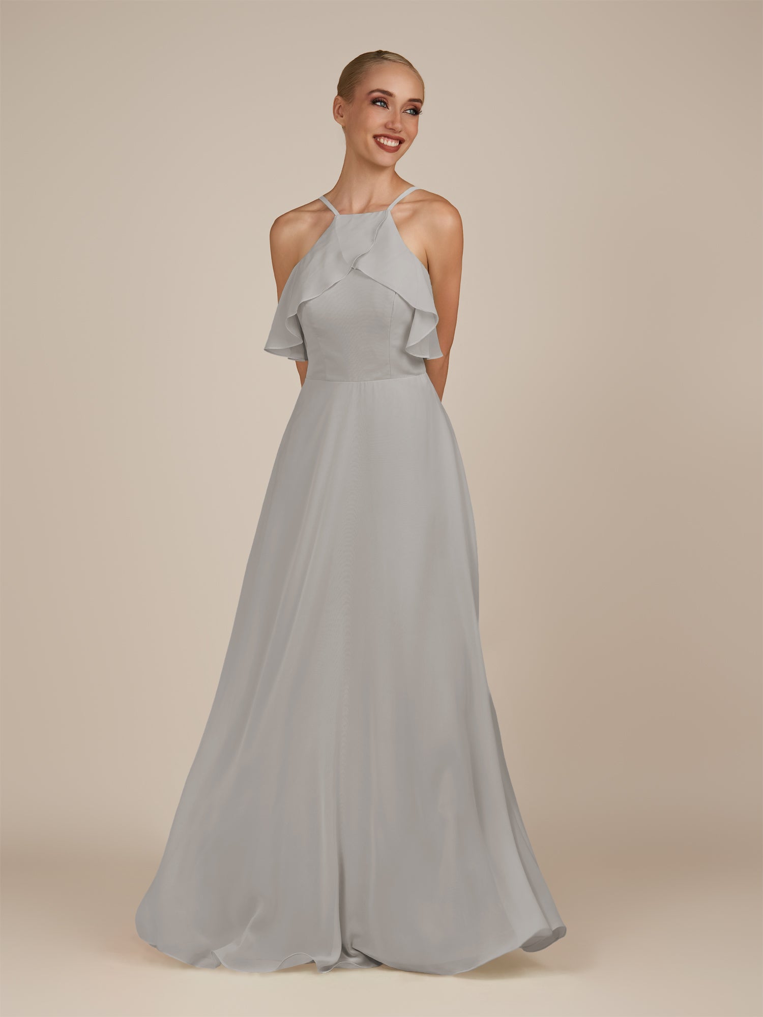 KissDress-Wynne Silver A Line Chiffon Halter Neck Ruffled Overlay Long Bridesmaid Dress