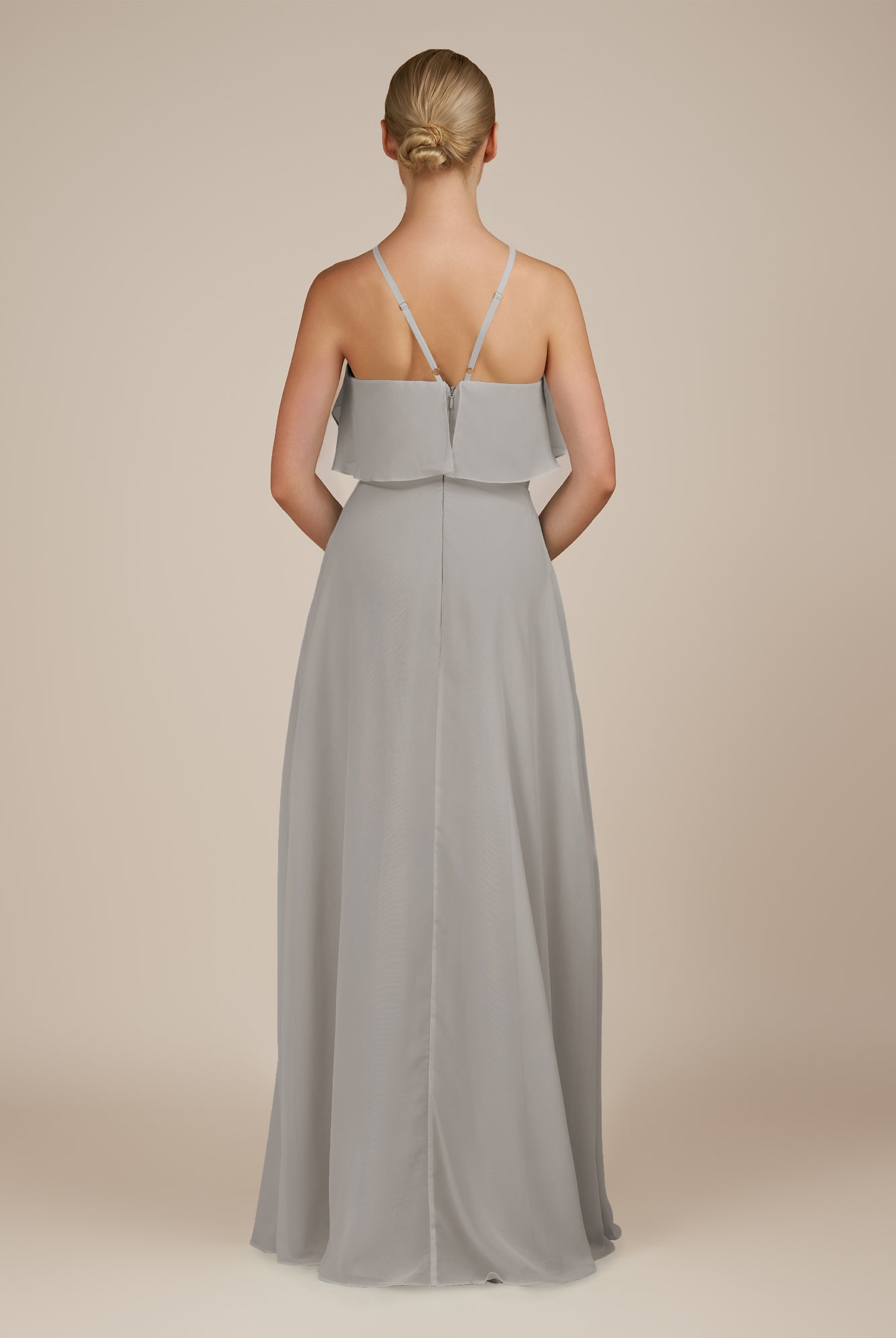 KissDress-Wynne Silver A Line Chiffon Halter Neck Ruffled Overlay Long Bridesmaid Dress