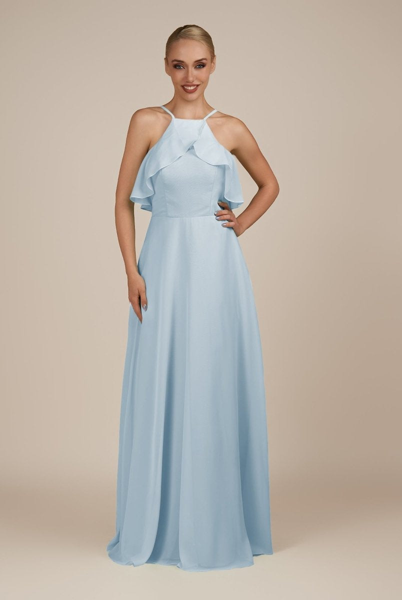 KissDress-Wynne Sky Blue A Line Chiffon Halter Neck Ruffled Overlay Long Bridesmaid Dress