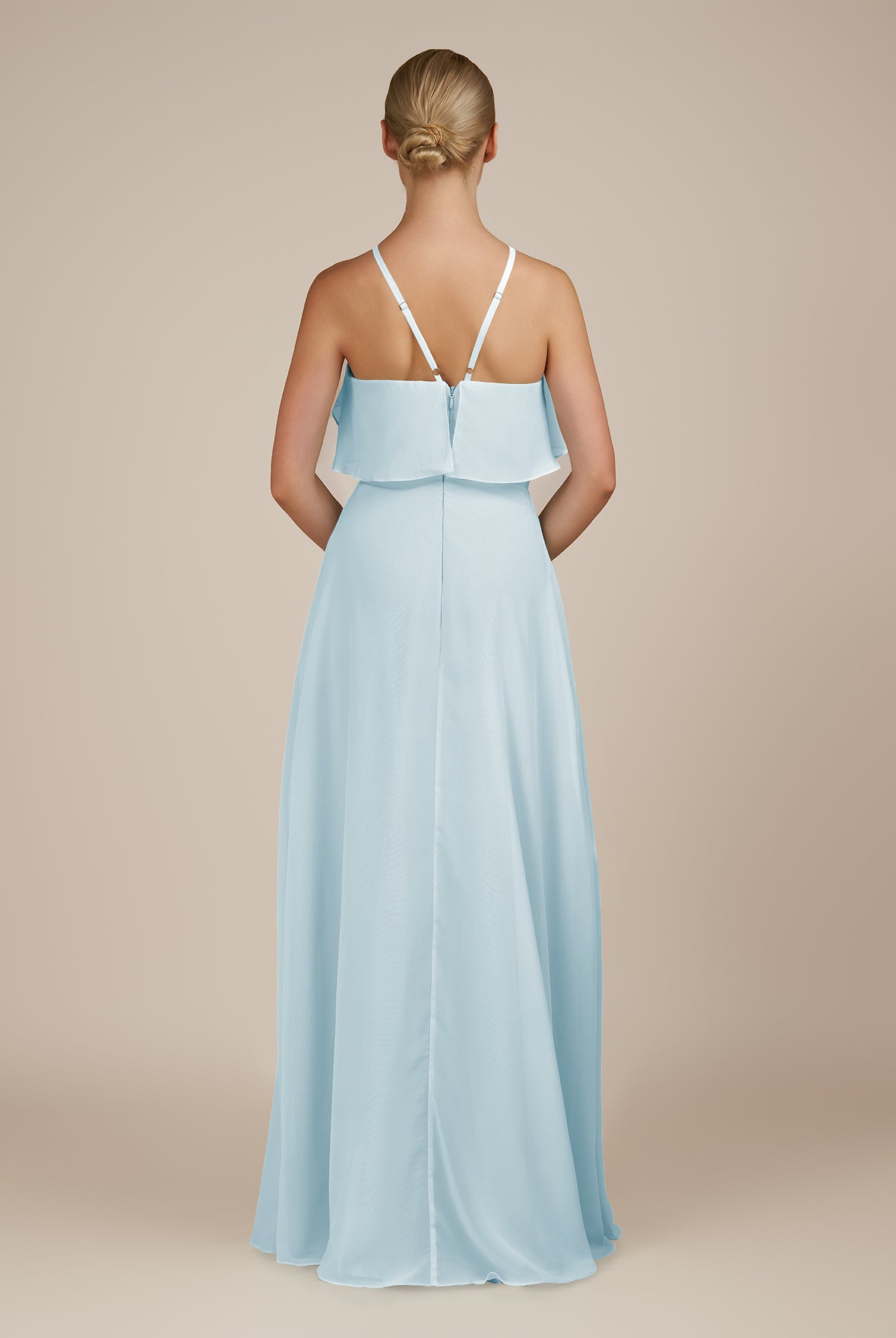 KissDress-Wynne Sky Blue A Line Chiffon Halter Neck Ruffled Overlay Long Bridesmaid Dress
