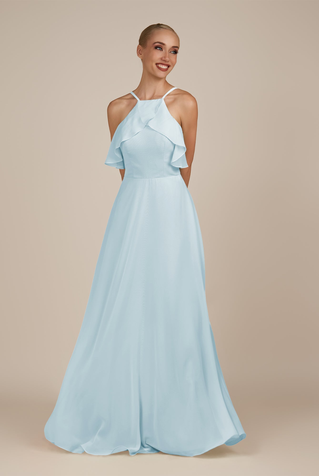 KissDress-Wynne Sky Blue A Line Chiffon Halter Neck Ruffled Overlay Long Bridesmaid Dress
