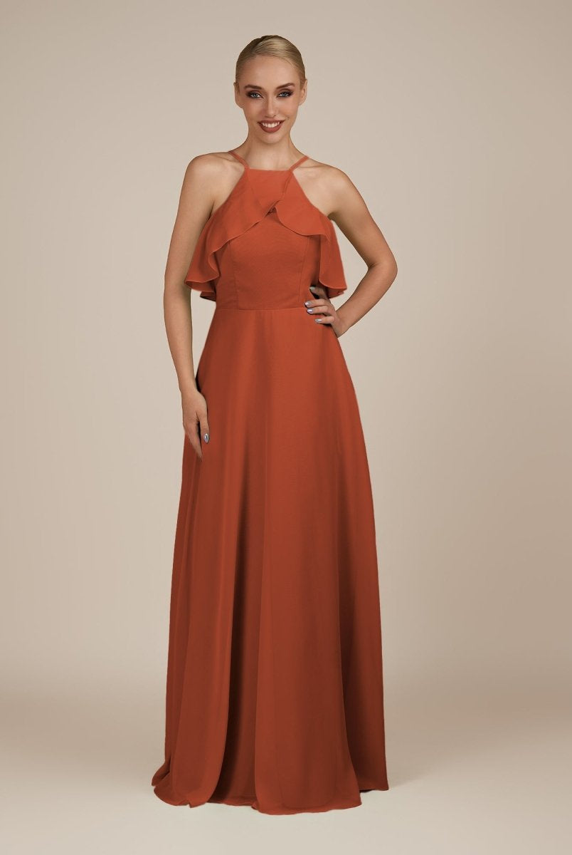 KissDress-Wynne Spice A Line Chiffon Halter Neck Ruffled Overlay Long Bridesmaid Dress