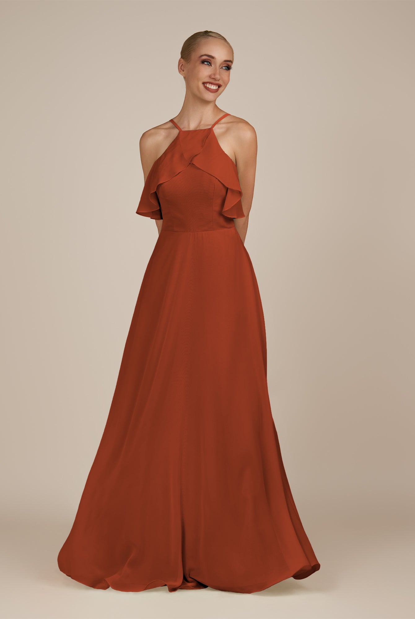 KissDress-Wynne Spice A Line Chiffon Halter Neck Ruffled Overlay Long Bridesmaid Dress