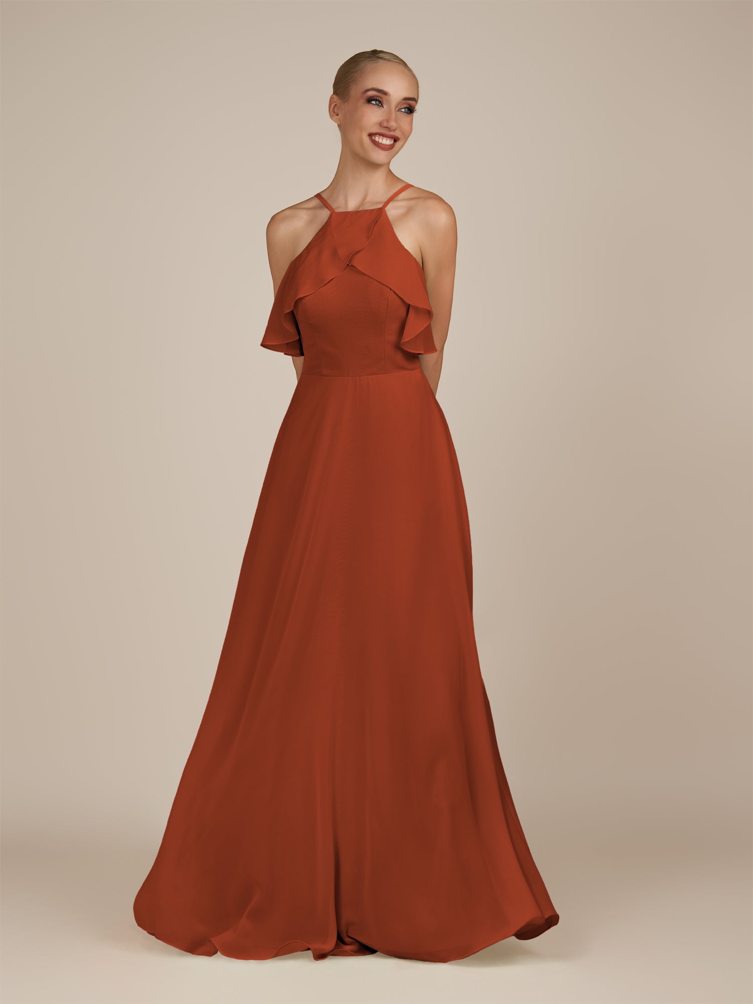 KissDress-Wynne Spice A Line Chiffon Halter Neck Ruffled Overlay Long Bridesmaid Dress