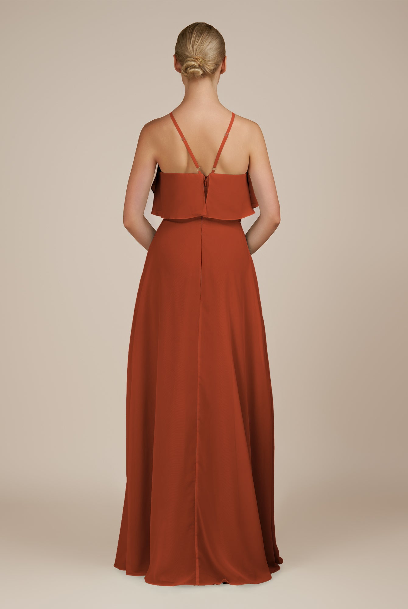 KissDress-Wynne Spice A Line Chiffon Halter Neck Ruffled Overlay Long Bridesmaid Dress