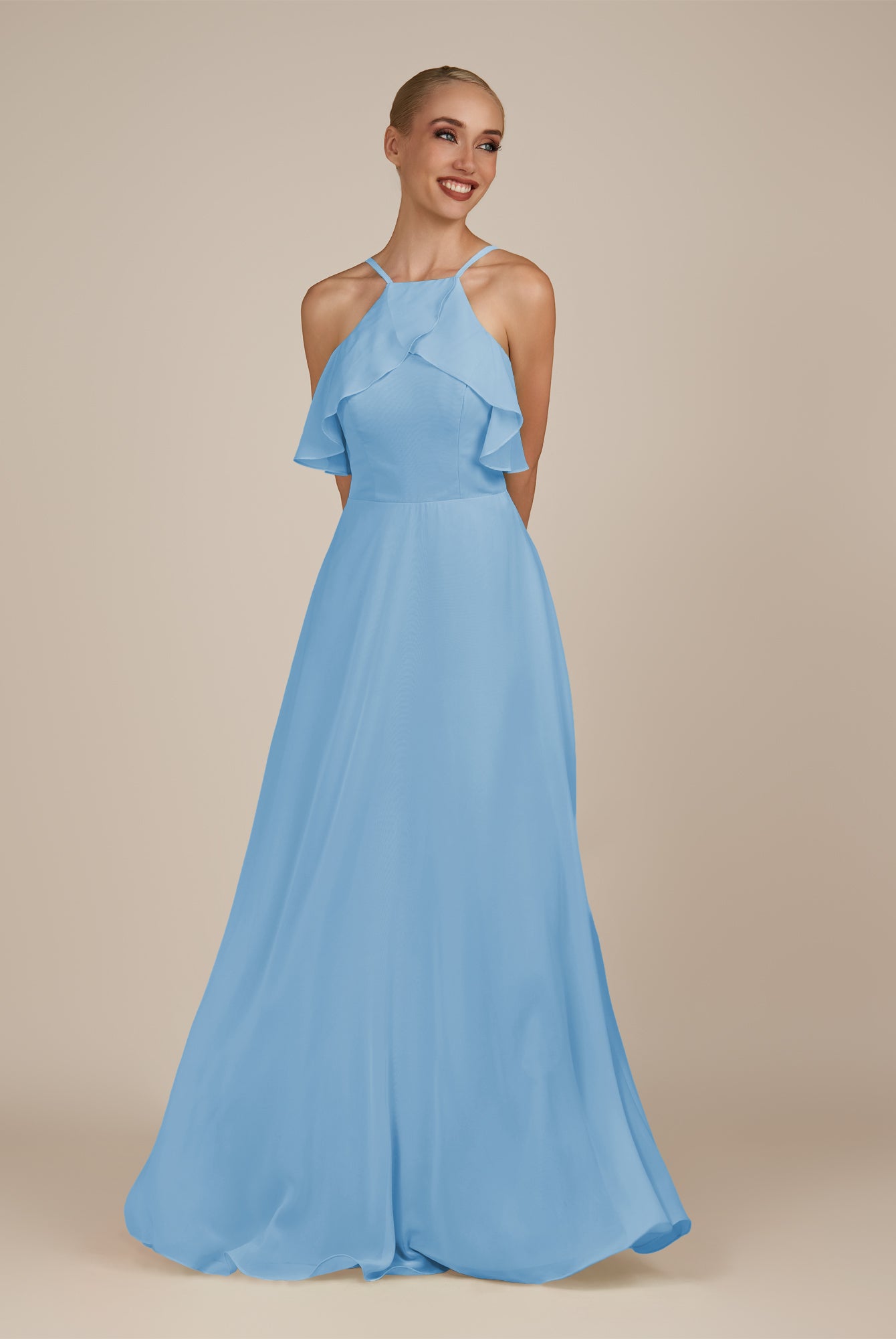 KissDress-Wynne Steel Blue A Line Chiffon Halter Neck Ruffled Overlay Long Bridesmaid Dress