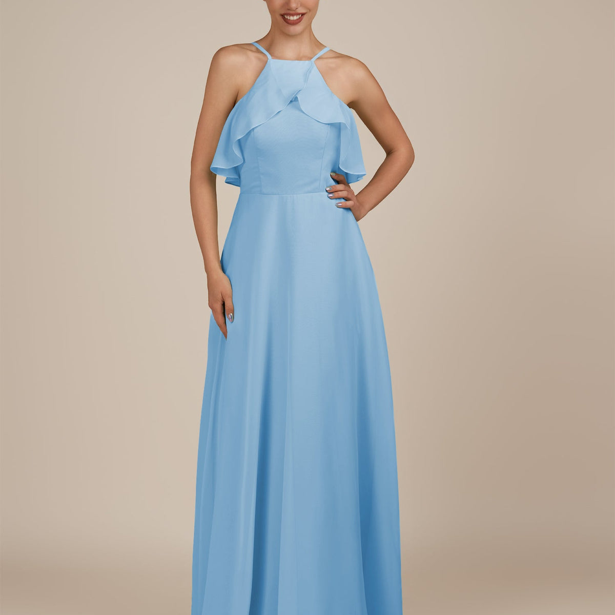 Wynne | Steel Blue - A Line Chiffon Halter Neck Ruffled Overlay Long B KissDress Wynne | Steel Blue - A Line Chiffon Halter Neck Ruffled Overlay Long B KissDress
