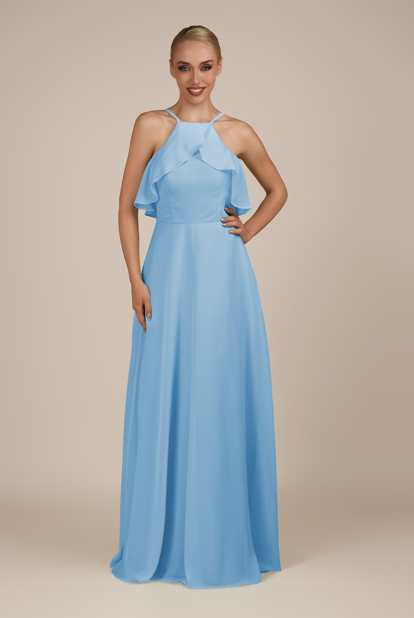 KissDress-Wynne Steel Blue A Line Chiffon Halter Neck Ruffled Overlay Long Bridesmaid Dress