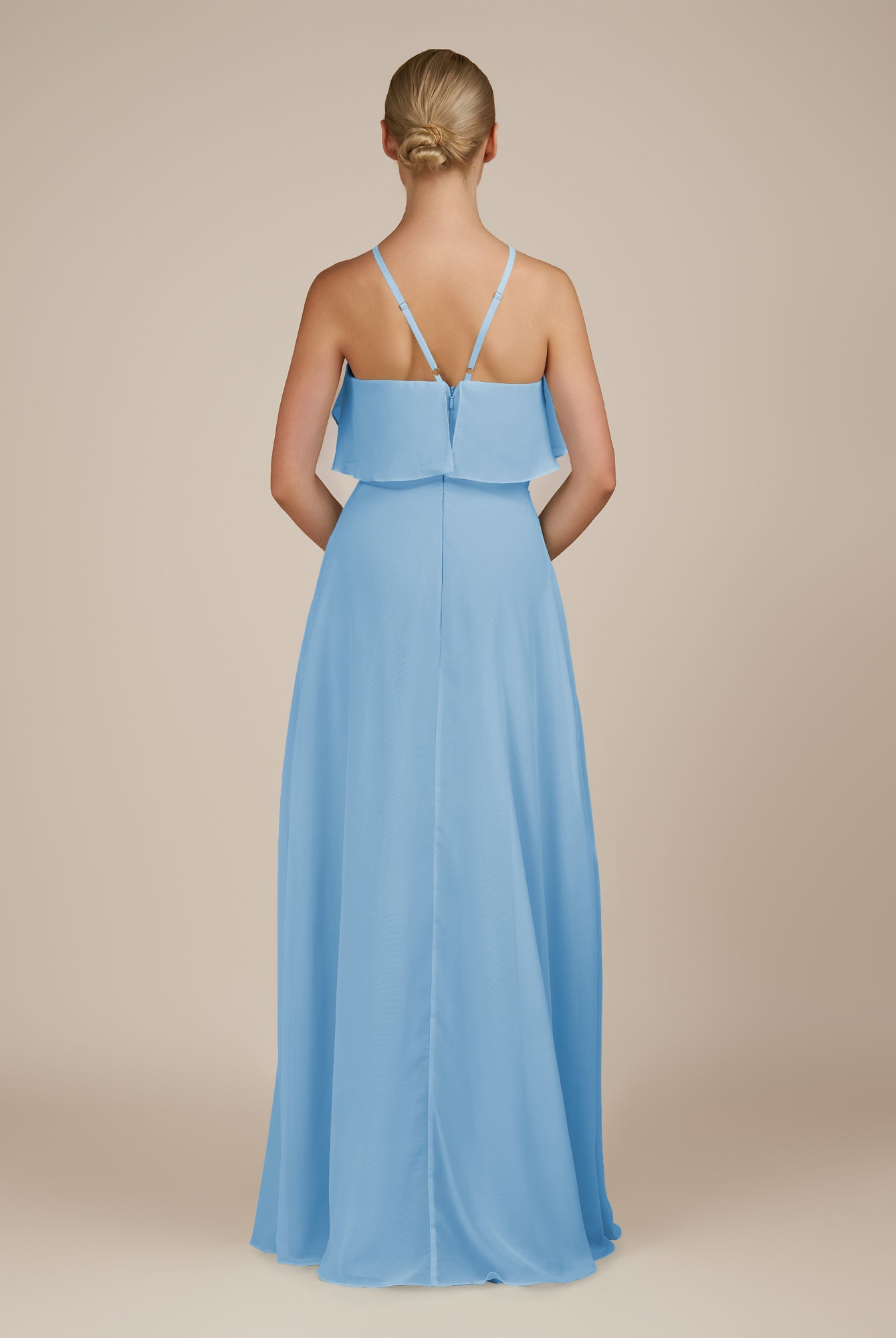 KissDress-Wynne Steel Blue A Line Chiffon Halter Neck Ruffled Overlay Long Bridesmaid Dress