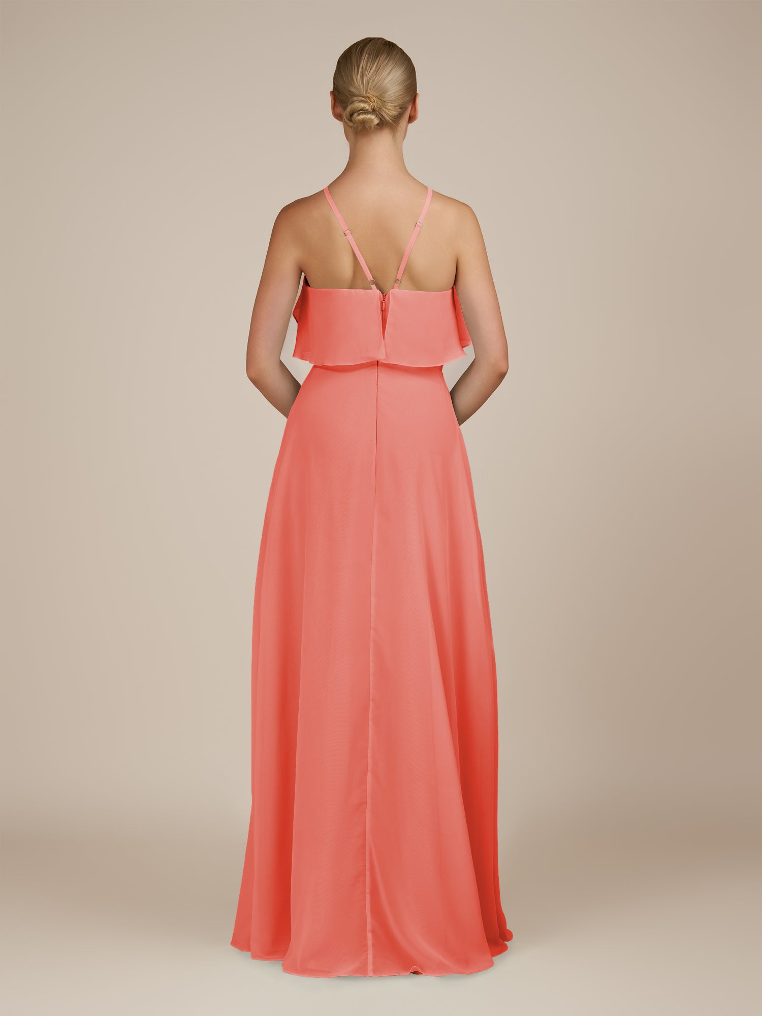 KissDress-Wynne Sunset A Line Chiffon Halter Neck Ruffled Overlay Long Bridesmaid Dress