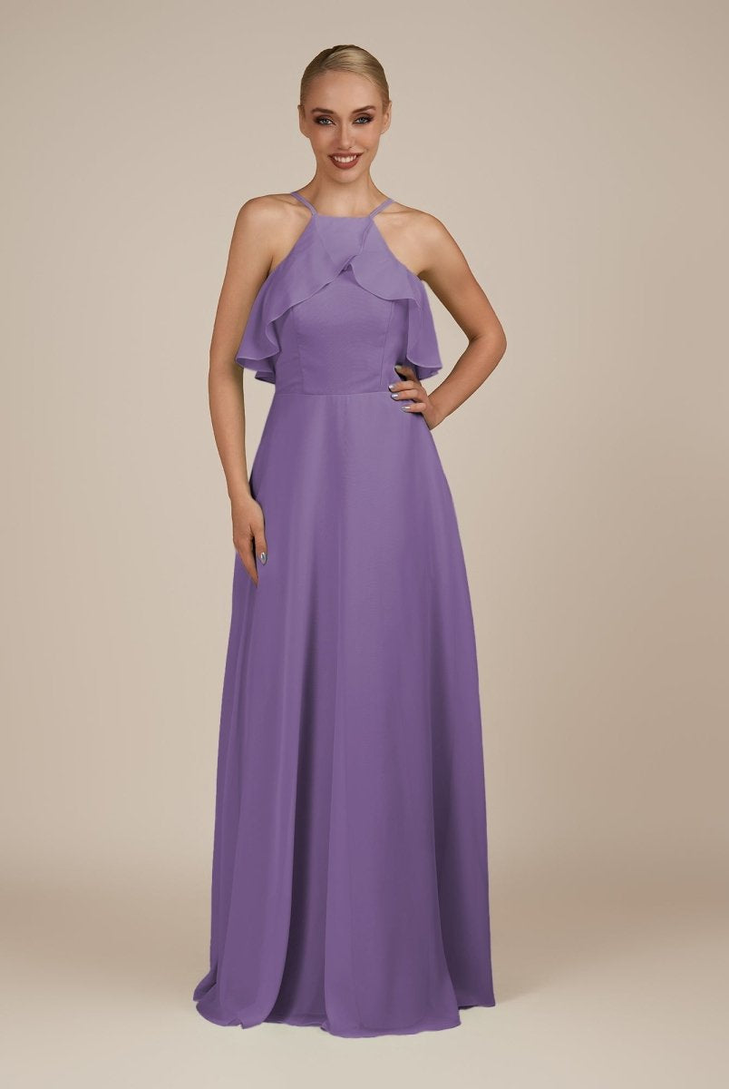 KissDress-Wynne Tahiti A Line Chiffon Halter Neck Ruffled Overlay Long Bridesmaid Dress