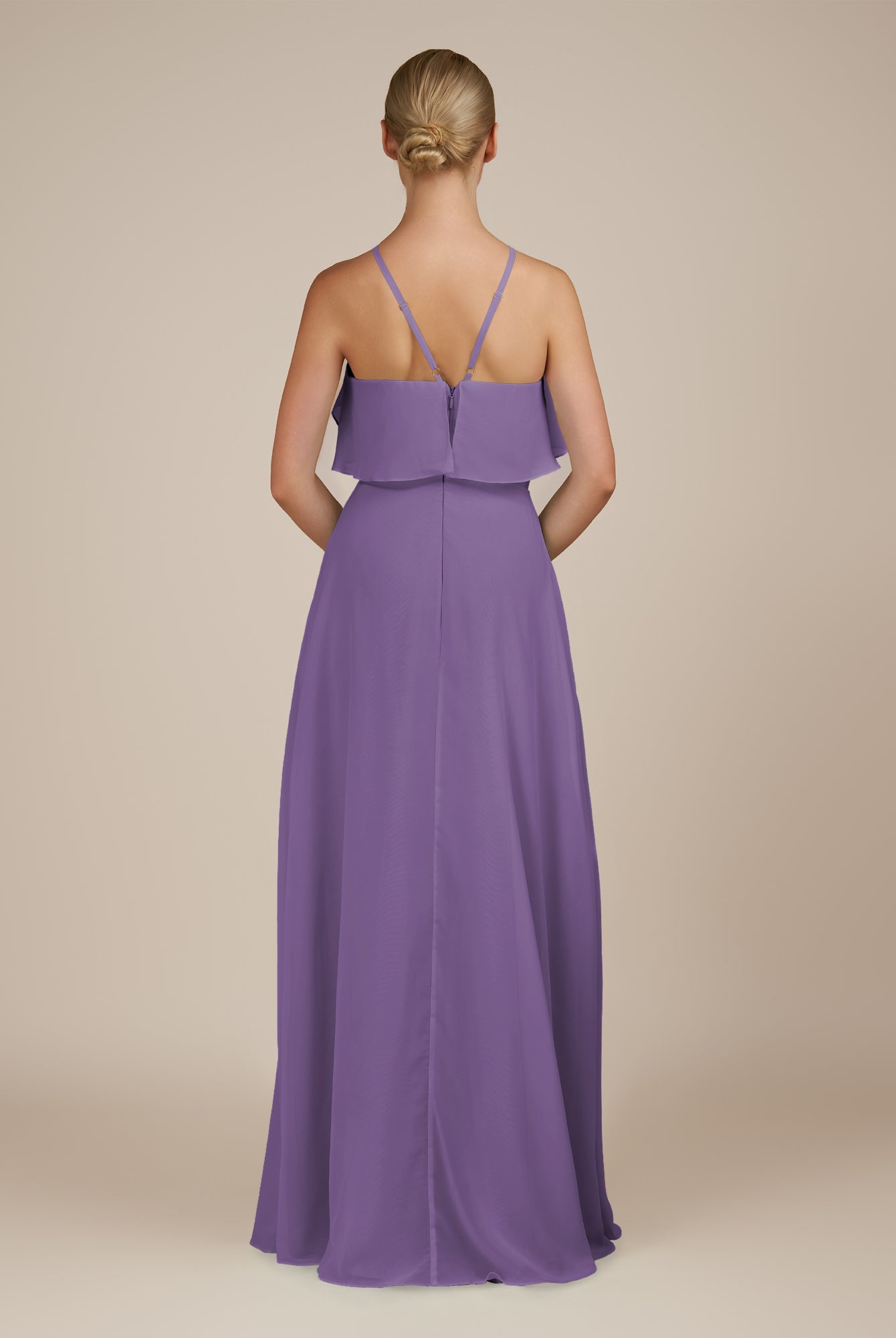 KissDress-Wynne Tahiti A Line Chiffon Halter Neck Ruffled Overlay Long Bridesmaid Dress