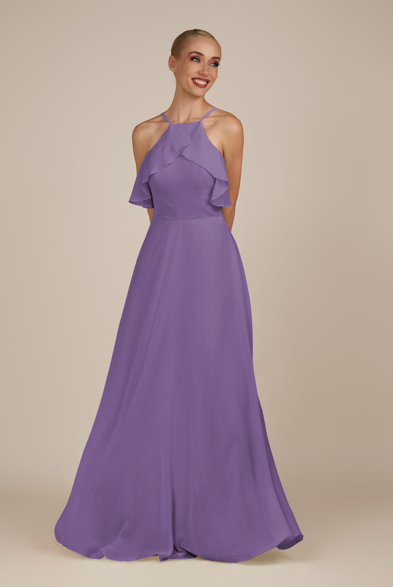 KissDress-Wynne Tahiti A Line Chiffon Halter Neck Ruffled Overlay Long Bridesmaid Dress