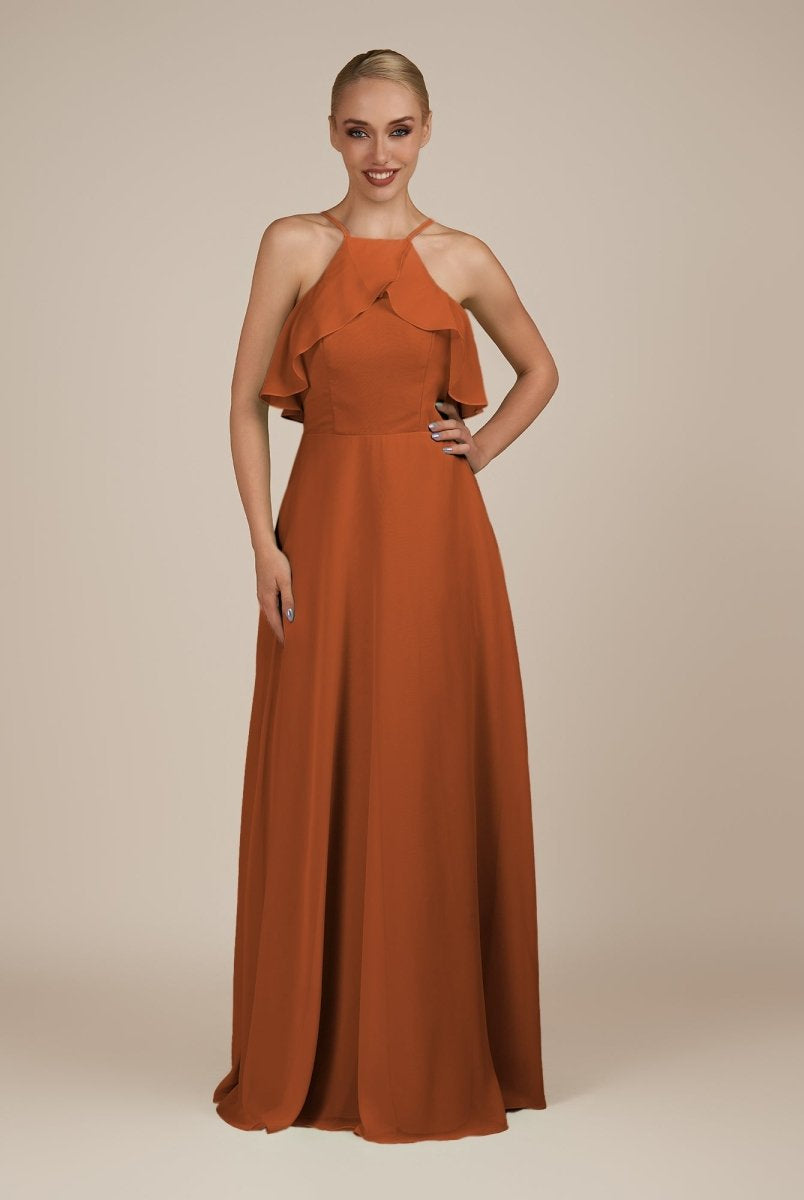 KissDress-Wynne Terracotta A Line Chiffon Halter Neck Ruffled Overlay Long Bridesmaid Dress