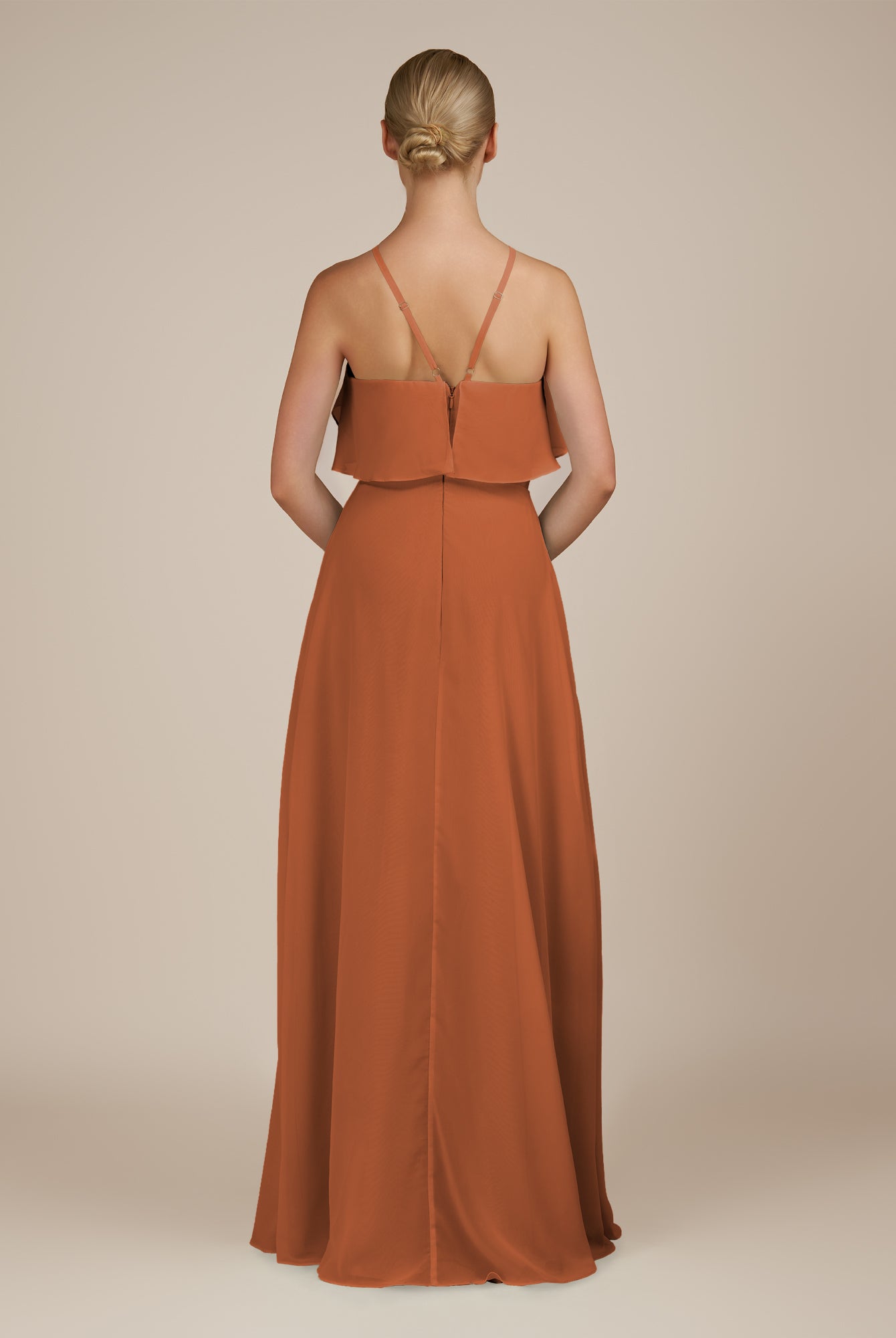 KissDress-Wynne Terracotta A Line Chiffon Halter Neck Ruffled Overlay Long Bridesmaid Dress