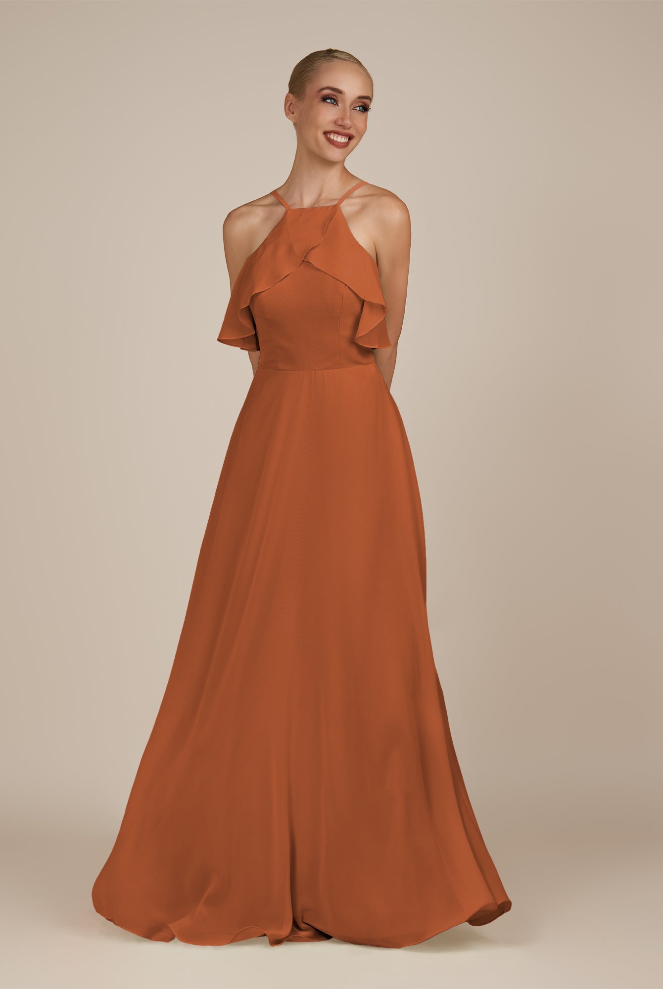 KissDress-Wynne Terracotta A Line Chiffon Halter Neck Ruffled Overlay Long Bridesmaid Dress