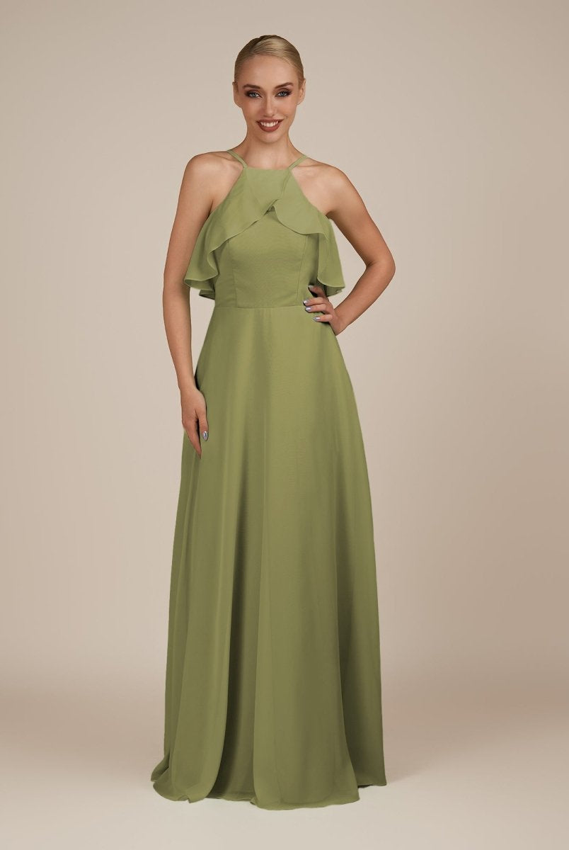 KissDress-Wynne Thyme A Line Chiffon Halter Neck Ruffled Overlay Long Bridesmaid Dress