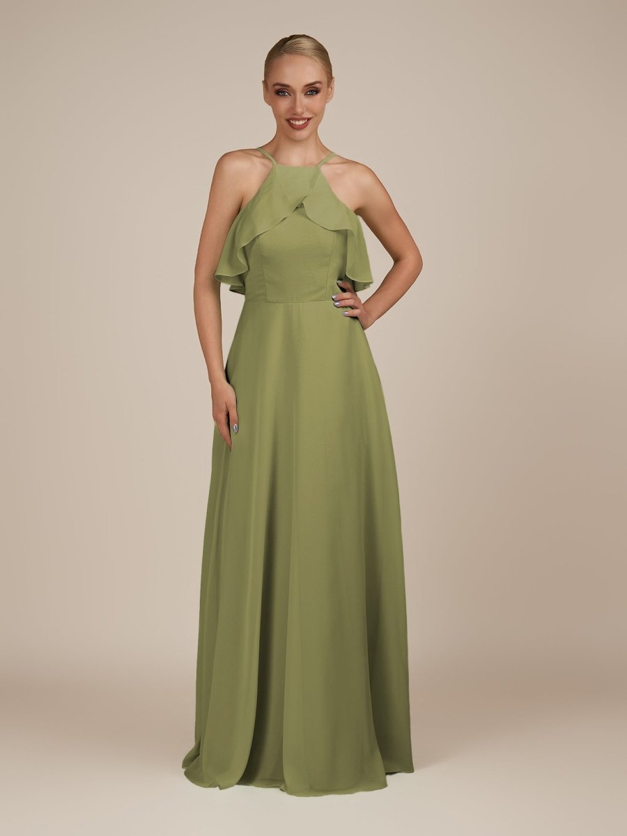 KissDress-Wynne Thyme A Line Chiffon Halter Neck Ruffled Overlay Long Bridesmaid Dress