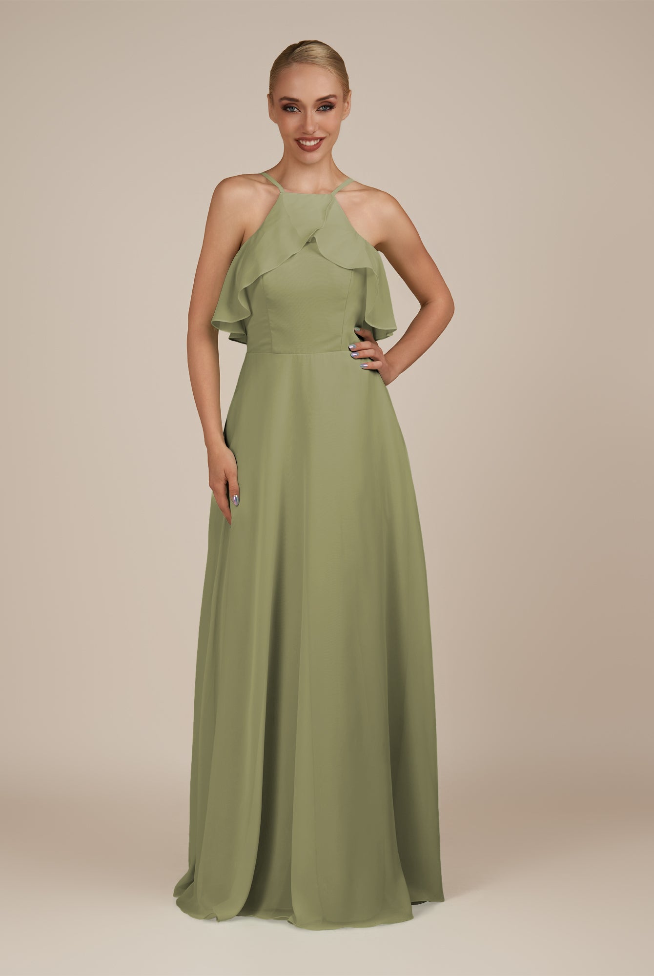 KissDress-Wynne Thyme A Line Chiffon Halter Neck Ruffled Overlay Long Bridesmaid Dress