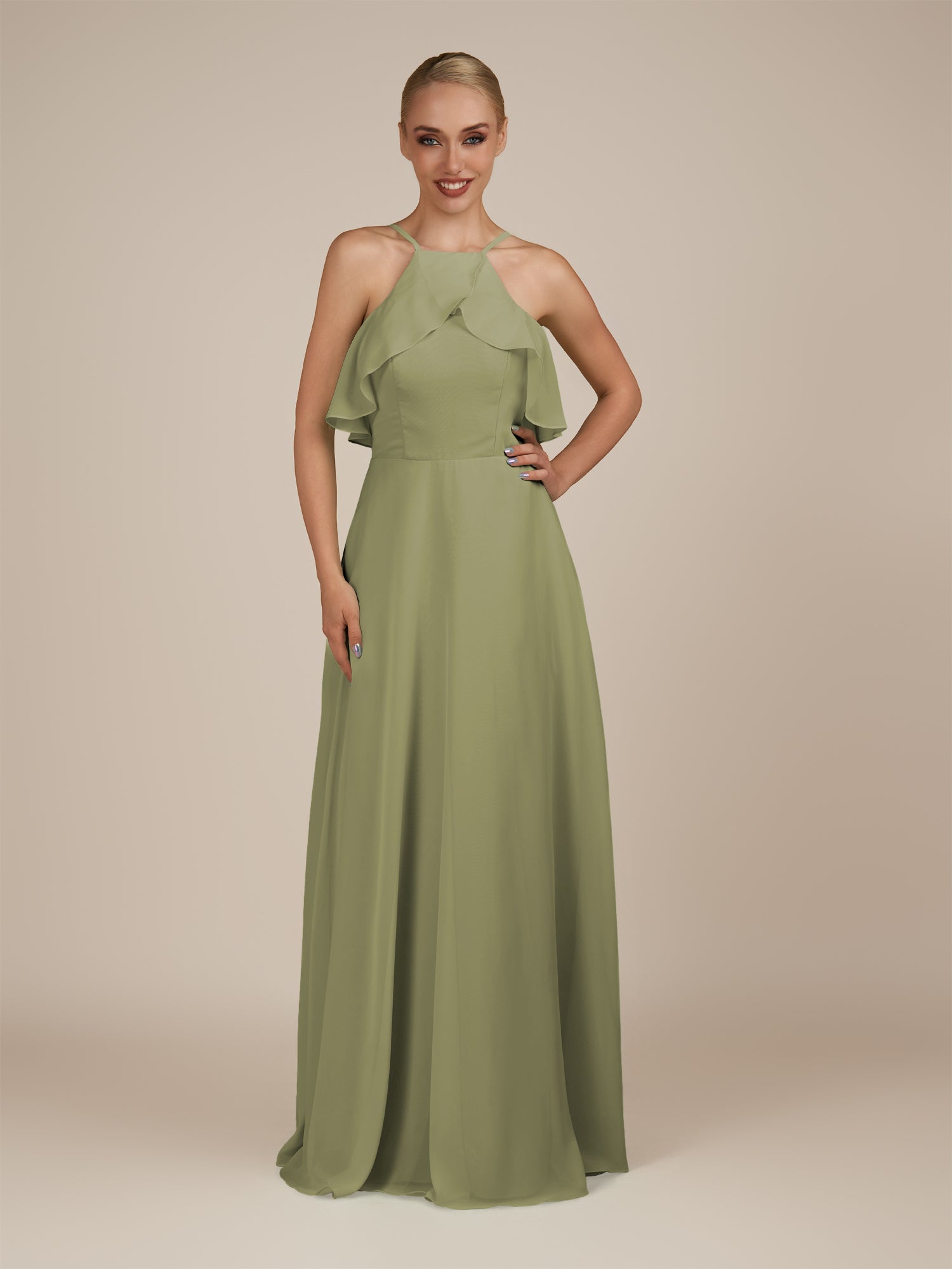 KissDress-Wynne Thyme A Line Chiffon Halter Neck Ruffled Overlay Long Bridesmaid Dress